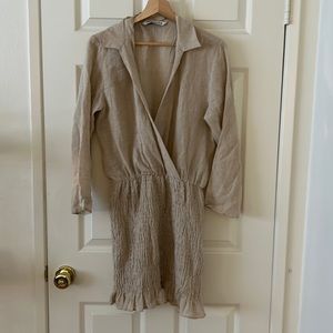 ZARA Long Sleeved Collar Dress with Elastic Bottom in Light Brown
